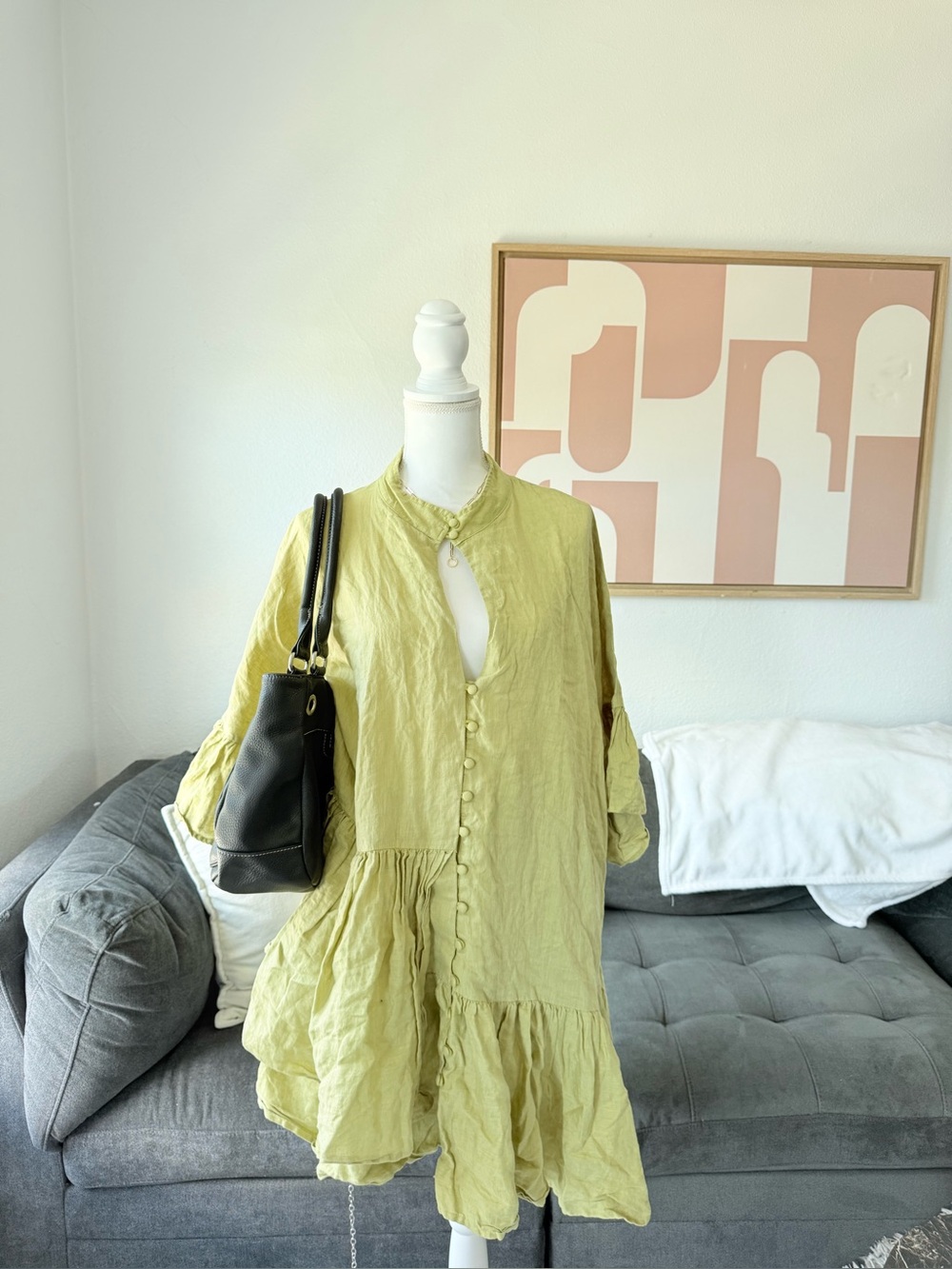 Linen Ruffle Button-Front Dress in Olive Green